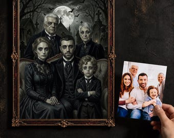 Custom Gothic Family Portrait from Photo,Dark Fantasy Cartoon Art, Halloween Poster Portrait