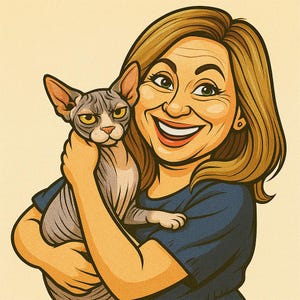 Pu&ograve; includere: Illustrazione a cartoni animati di una donna sorridente con i capelli biondi che tiene in braccio un gatto Sphynx. Il gatto &egrave; grigio e bianco con occhi gialli. La donna indossa una maglia blu. Lo sfondo &egrave; beige chiaro.