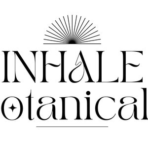 May include: Black and white logo for Inhale Botanicals. The logo features a stylized sunburst above the text "INHALE" and "Botanicals".