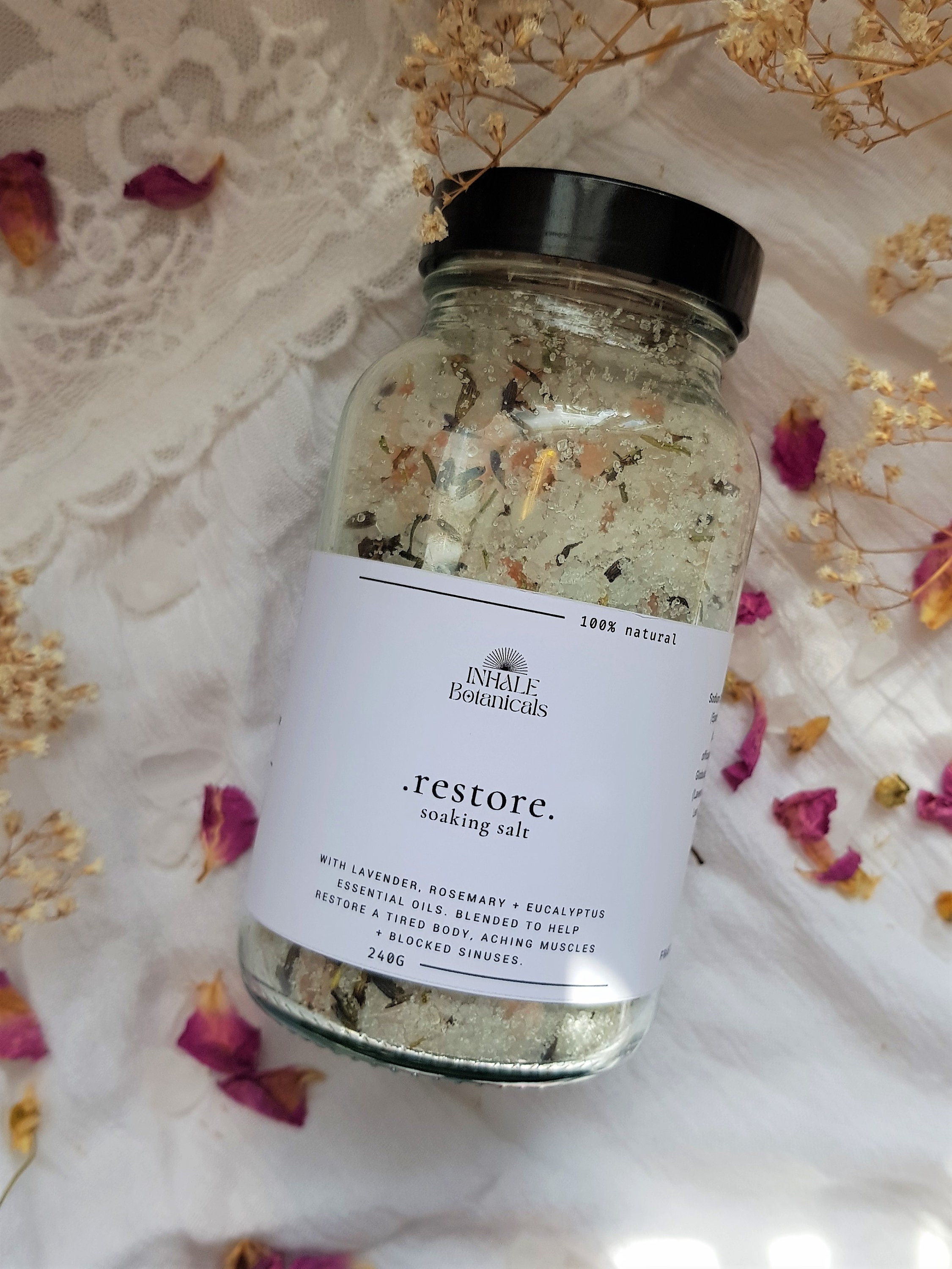 Restore Soaking Salt / Bath Salt bottle / Eucalyptus / Epsom / Bath Ritual / Muscle Aches / Breathe / Decongestant / Bathing Ritual / Vegan