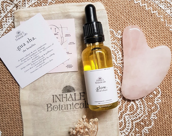 Glow Facial Elixir, Gua Sha gift set, Facial Massage, Skincare Gift, Organic Serum, Eco beauty, Green, Moisturiser, Self Care, Vegan