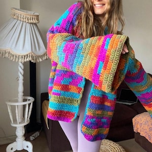 Crochet Colorful Cardigan, Oversized Unisex Cardigan, Bhava's Style Big Sleeves Oversize Cardigan, Rainbow Cardigan,Oversized Colorful Coat