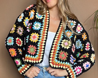 Crochet Granny Square Cardigan, Handmade Cardigan, Big Sleeves Cardigan, Crochet Crop Cardigan, Colorful Women Cardigan, Winter Warm Top