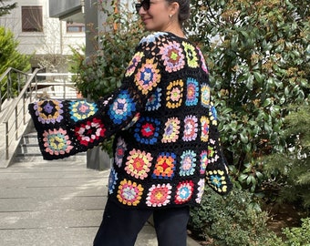 Crochet Granny Square Black Cardigan, Mother&#39;s Day Gift, Cotton Handmade Unisex Oversize Cardigan, Colorful Cardigan, Boheme Cardigan
