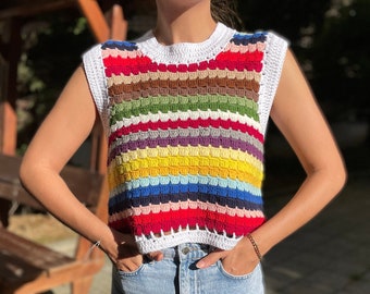 Crochet Rainbow Sweater Vest, Unisex Handmade Colorful Vest, Winter Sea Vest, Unique Colorful Vest, Handknitted Vests, Colorful Vests