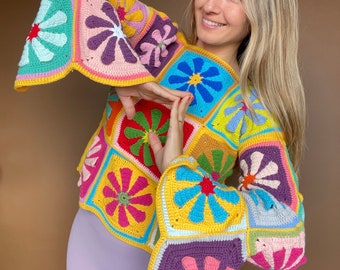 Crochet Daisy Sweater, Colorful Floral Pullover Sweater, Handmade Sweater, Bhava's Style Sweater, Unique Sweater, Festival Clothes