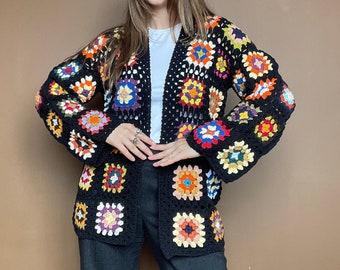 Crochet Granny Square Cardigan, Colorful Oversize Unisex Cardigan, Bhava Style Women Cardigan, Handknitted Cardigan, Long Sleeves Cardigan