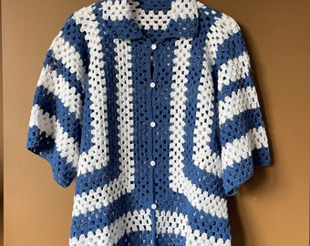 Crochet Shirts, Oversized Shirts for Men , Handmade Shirt, Summer Shirt, Unisex Shirt, Blue Style Shirt, Beach Shirt, Hand knitted Shirt,