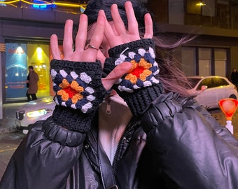 Crochet Fingerless Granny Square Gloves, Handmade Mitten, Unisex Hand Wear For Winter, Warm Winter Gloves, 3 Different Colors Glove,