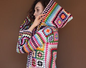 Granny Square Crochet Cardigan, Crochet Hoodie, Long Sleeves Crochet Cardigan, Colorful Hoodie Cardigan, Unisex Cardigan, Women Cardigan