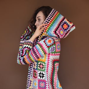 Granny Square Crochet Cardigan, Crochet Hoodie, Long Sleeves Crochet Cardigan, Colorful Hoodie Cardigan, Unisex Cardigan, Women Cardigan