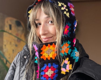 Crochet Balaclava, Granny Square Colorful hoodie, Granny square Hat, Winter Warm Hat, Colorful Winter Hat, Crochet Hoodie, Boho Balaclava