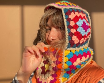 Crochet Balaclava, Granny Square Balaclava, Colorful Unisex Balaclava, Handmade Winter Warm Hat, Ski Mask Hat, Bhava Style Balaclava,