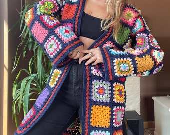 Navy Blue Granny Square Crochet Cardigan: Colorful Cotton Patchwork Handmade Coat