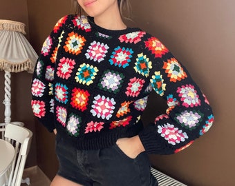 Black Granny Square Sweater, Handmade Granny Square Pullover, Crochet Patchwork Sweater, Handmade Unisex Sweater