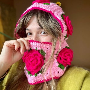 Crochet Pink Roses Balaclava, Handmade Roses Balaclava, Bhava's Style Floral Balaclava, Pink Roses Snow Mask, Winter Warm Hat