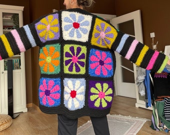 Crochet Granny Square Cardigan for Women, Oversize Granny Square Cardigan, Crochet Floral Jacket, Bhava Style Handmade Granny Square Cardiga