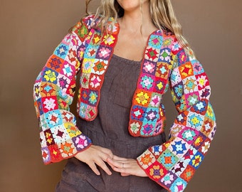 Crochet Cardigan, Granny Square Cardigan, Handmade Cardigan, Colorful Jacket, Bhava's Style Cardigan, Vintage Cardigan, Women Cardigan