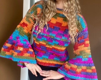 Crochet Colorful Sweater, Rainbow Oversized Sweater, Big Sleeves Sweater, Vintage Sweater, Warm Sweater for Winter, Women Sweater