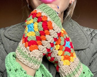 Crochet Granny Square Mitts, Handmade Crochet Glove, Warm Winter Glove,  Colorful Glove