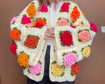 Crochet Jumbo Rose Cardigan, Colorful Granny Square Cardigan, Crochet Rose Chunky Cardigan, Rose Cardigan, Winter Cardigan, Floral Cardigan