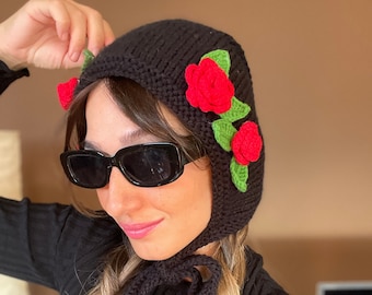 Crochet Rose Balaclava Bonnet: Hand-Knitted Winter Beret