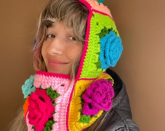 Crochet Colorful Rose Design Balaclava, Colorful Floral Balaclava, Bhava's Style Balaclava, Warm Winter Hat Warm Winter Balaclava Hoodie