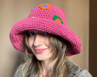 Crochet Daisy Hat, Handmade Sun Protection Hat, Pink Cotton Crochet Summer Hat for Women, Bhava's Style Boho Hat,UV Protection Hat for gift