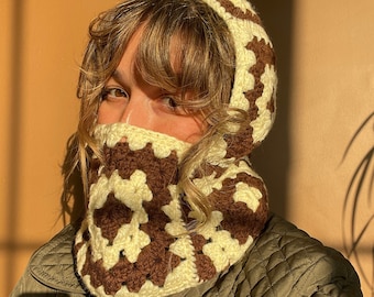 Crochet Balaclava, Brown and Cream Granny Square Balaclava, Handmade Balaclava, Winter Warm Hat, Crochet Ski Mask, Unique Hat, Winter Hat