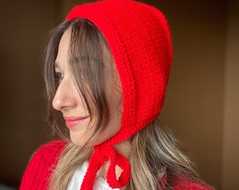 Rote, handgestrickte Erwachsenenmütze: Baumwollmütze zum Binden