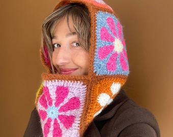 Crochet Daisy Balaclava: Handmade Wool Floral Boho Hood