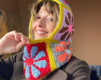 Hand-Knitted Crochet Balaclava: Colorful Floral Winter Hat