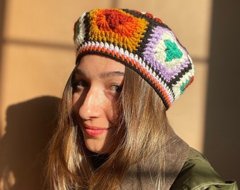 Crochet Painter Hat, Granny Square Hat, Hand Knit Hat, Vintage Style Unisex Crochet Cap, Valentine&#39;s Day Gift, Crochet Hat, Women Hat, Hats
