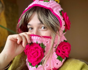 Cagoule rose Barbi au crochet, cagoule rose rose au crochet, bonnet chaud d'hiver au crochet, cagoule style Bhava, cagoule faite main, chapeau cadeau