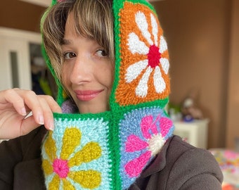 Hand-Knitted Crochet Balaclava: Colorful Daisy Floral Winter Hat