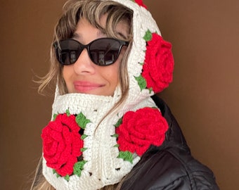 Crochet Balaclava, Rose Balaclava, Rose Hat for Winter, Bhava's Style Balaclava, Winter Warm Hat, Hand knit Balaclava, Valentines Day Gift