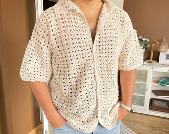 Crochet Shirt, Cream Unisex Shirt, Crochet Shirt for Men, Crochet Shirt for Women, Vintage Summer Shirt, Handknit Shirt, Beach Shirt