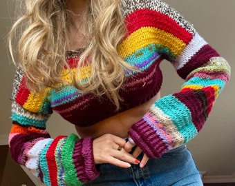 Crochet Colorful Pullover Crop Sweater, Crochet Crop Top, Hand-knit Women Top, Vintage Sweater, Bhava Style Sweater, Hippi Festival Sweater