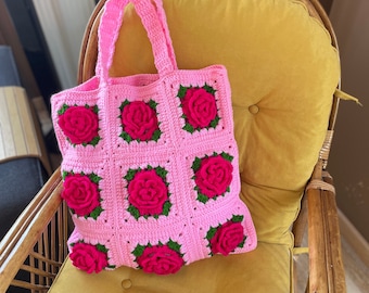 Crochet Rose Bag, Handmade Pink Rose Bag, Mother's Day Gift, Handmade Gifts, Summer Bag, Bhava's Style Rose Bag, Custom Order Bag