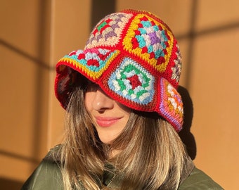 Crochet Granny Square Hat, Colorful Bucket Hat, Unisex Colorful Hat,  Handmade Festival Hat, Bhava Style Summer Bucket Hat, Vintage Hat,