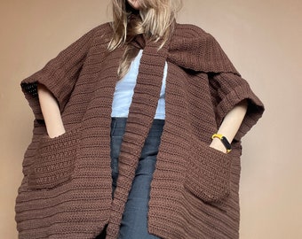 Gehaakte oversized poncho met sjaal, handgemaakt unisex vest, Bhava stijl poncho met sjaal, unieke moeders Gif, handgebreide warme poncho