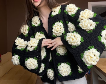 Crochet Jumbo Rose Cardigan, Black and Cream Rose  Cardigan, Crochet Rose Chunky Cardigan,  Rose Cardigan, Winter Cardigan, Floral Cardigan