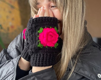 Crochet Fingerless Rose Gloves, Hand Warmer Mitten, Bhava's Style Boho Gloves, Warm Winter Gloves, 2 Different Colors Glove, Valentines Day