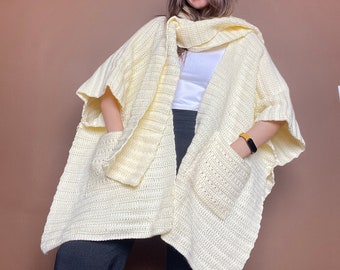 Crochet Oversized Poncho With Scarf, Handmade Unisex Cardigan, Bhava Style Poncho with Scarf, Unique Mothers Gif, Hand knit Warm Poncho