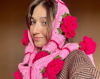 Crochet Pink Roses Scarf, Handmade Pink Roses Scarf, Bhava's Style Floral Scarf, Pink Roses Snow Scarf, Winter Warm Scarf, Scarf Hat