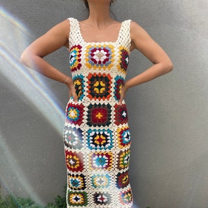 Crochet Granny Square Dress for Women, Handmade Granny Square Dress, Crochet Midi Dress, Hippie Dress, Summer Dress, Colorful Dress