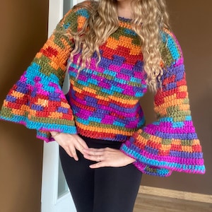 Crochet Colorful Sweater, Rainbow Oversized Sweater, Big Sleeves Sweater, Vintage Sweater, Warm Sweater for Winter, Women Sweater