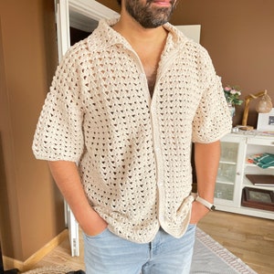 Crochet Shirt, Cream Unisex Shirt, Crochet Shirt for Men, Crochet Shirt for Women, Vintage Summer Shirt, Handknit Shirt, Beach Shirt