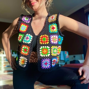 Crochet Black Vest, Granny Square Sweater Vest, Handmade Vest, Boheme Colorful Vest, Hand-Knitted Vest, Crochet Crop Vest, Unisex Vest