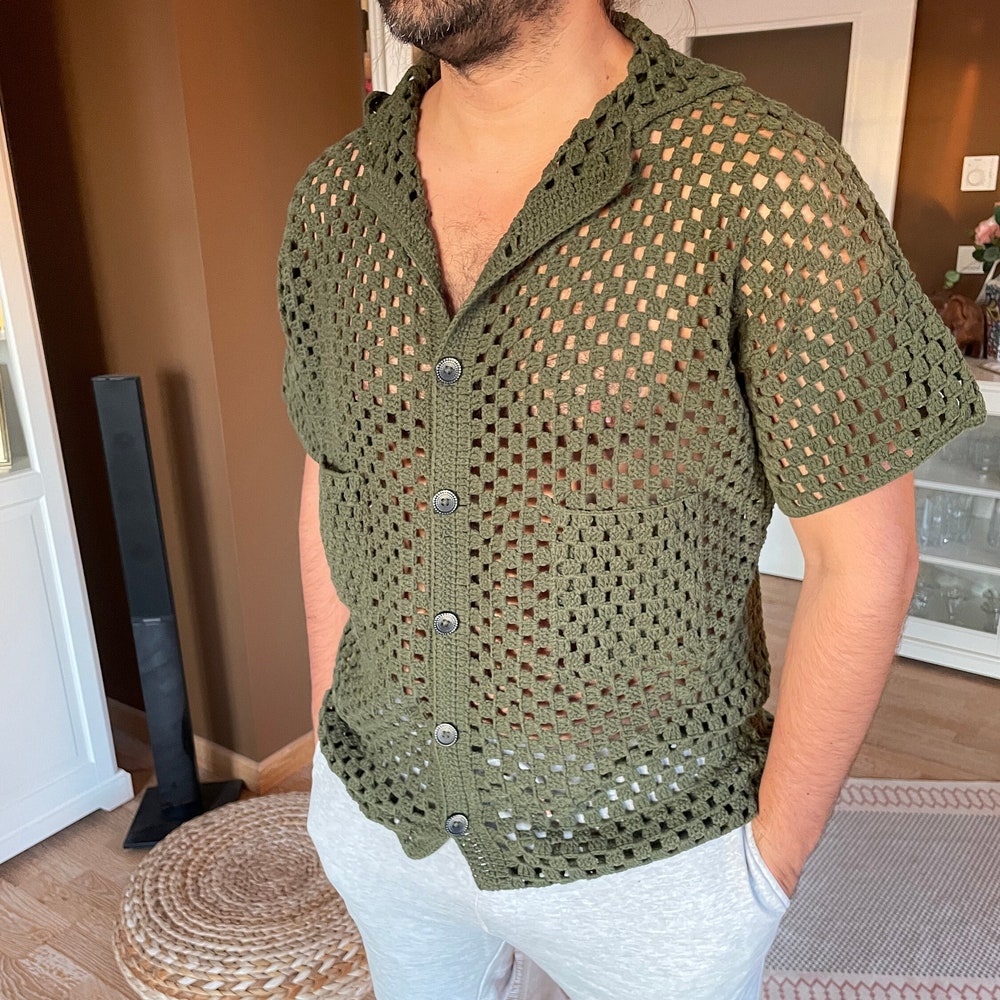 Beach Shirt, Handmade Shirt, Summer Shirt, Vintage Shirt, Khaki Shirt, Shirts For Men,Crochet Shirt, Half- Sleeves Shirt, Oversize Shirt Shirtslive